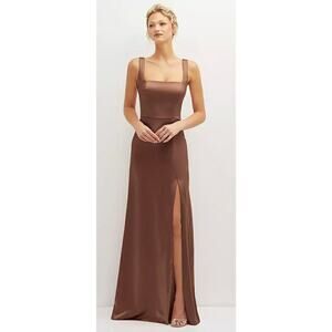 Thread NWT Brown Cognac Square-Neck Satin A-line Maxi Dress Front Slit S